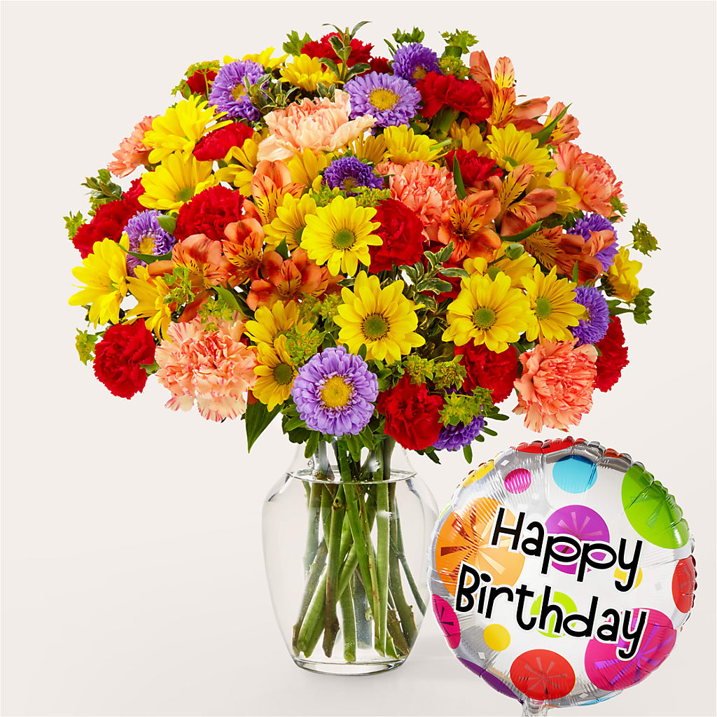 Kaleidoscope Bouquet with Birthday Balloon – Cg Rain Florist, Cedar Grove NJ