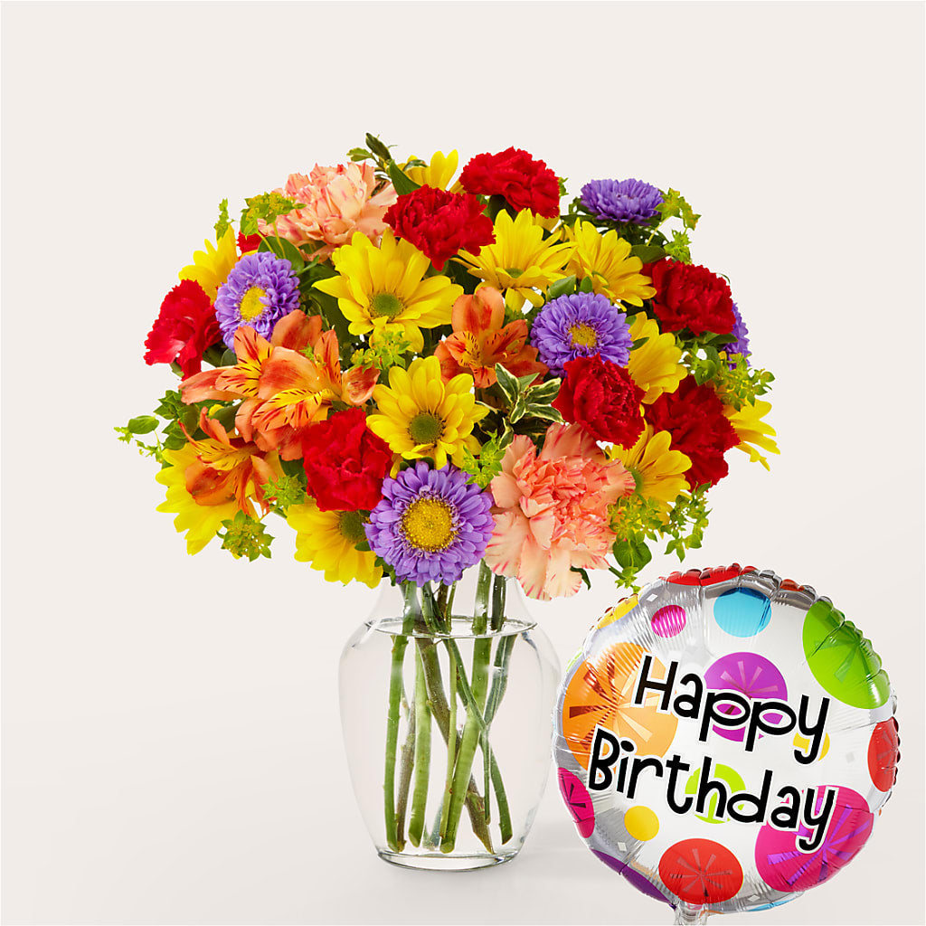 Kaleidoscope Bouquet with Birthday Balloon – Cg Rain Florist, Cedar Grove NJ