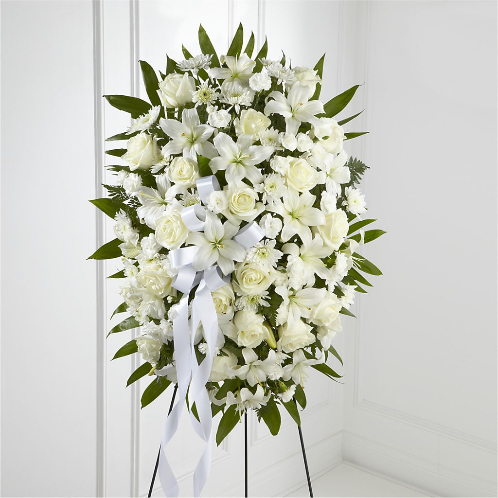 Exquisite Tribute Standing Spray-White Ribbon – Cg Rain Florist, Cedar Grove NJ
